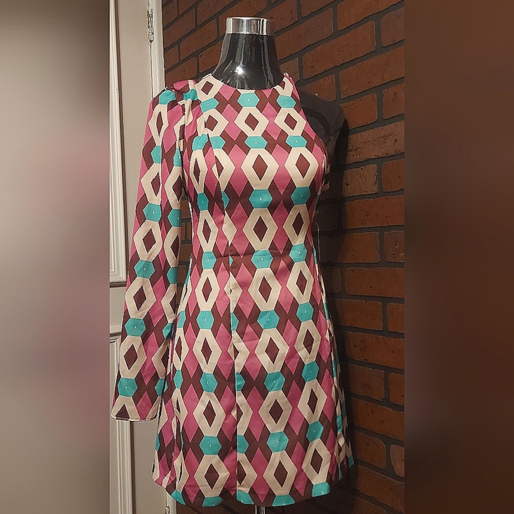 Geometric Patterned Pink and Green One Sleeve One Shoulder Dress